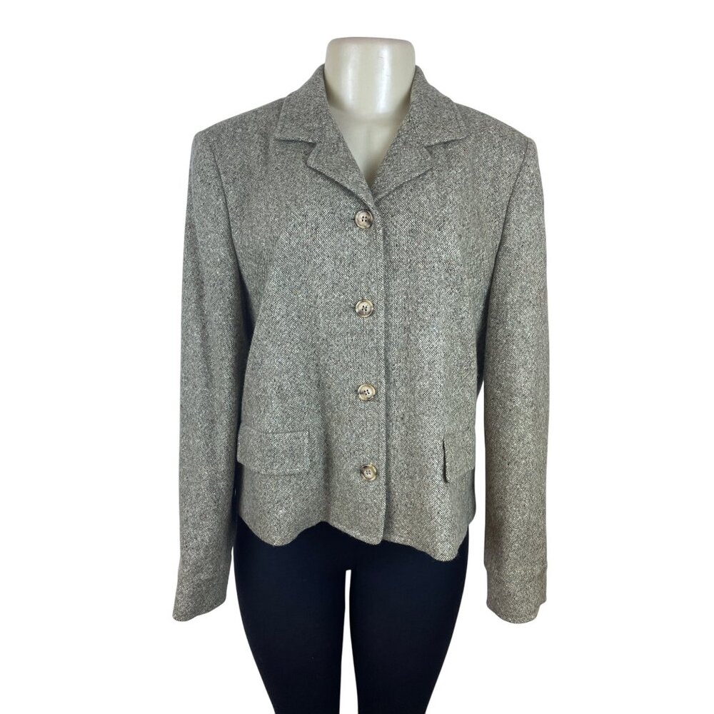 Talbots Womens Herringbone Tweed Blazer Jacket Button Front Gray Size 14